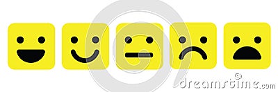 Basic emoticons set in square with rounded corners. Five facial expression of feedback scale - from positive to negative Vector Illustration