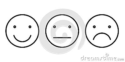 Basic emoticons set. Three facial expression of feedback - positive, neutral and negative. Simple black outline vector Vector Illustration