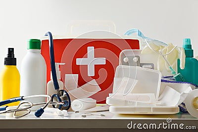 Basic first aid portable medical assistance equipments white isolated Stock Photo