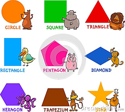 Basic Geometric Shapes with Cartoon Animals Vector Illustration