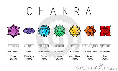 Basic human chakra system. 7 chakras. Set of seven chakra symbols of human body. Root, Navel, Solar plexus, Heart, Throat, Third Vector Illustration