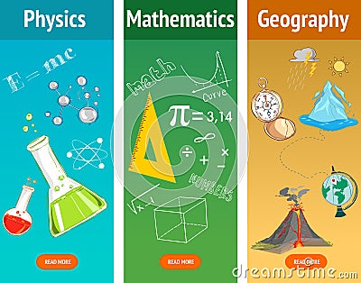 Basic math. Physics subject. Geography science. School subjects. Vector Illustration