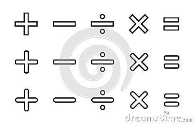 Basic math symbols. Addition, subtraction, division, multiplication, and equality icon vector in line style Vector Illustration