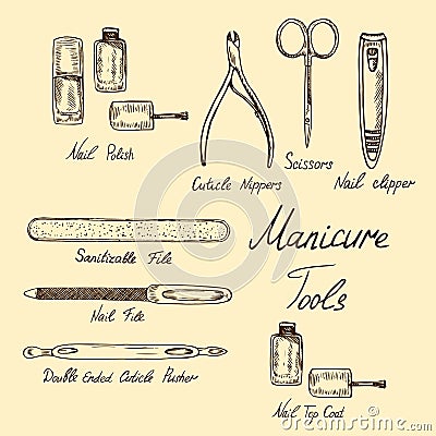 Basic nail tools, outline classical manicure collection of tools, hand drawn doodle sketch with inscription, isolated vector Vector Illustration