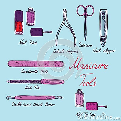 Basic nail tools, pink classical manicure collection of tools, hand drawn doodle sketch with inscription, isolated vector Vector Illustration