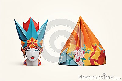 basic paper hat next to a complex design of an origami crown Stock Photo