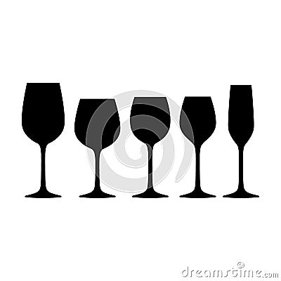 Basic red, white and sparkling wine glasses silhouette vector set. Stock Photo