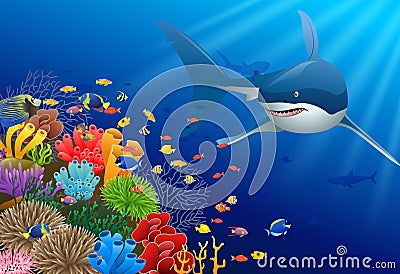 Sharks and coral reefs in the sea. Vector Illustration