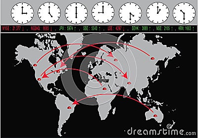 Global Trading With Exchanges And Time Zones Vector Illustration