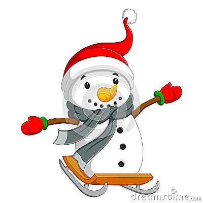 A happy snowman is sliding on the board with the gray shawl Vector Illustration