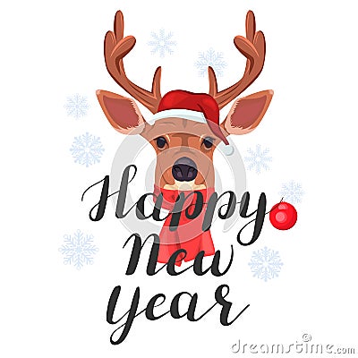 Happy New Year. Lettering with cute deer Vector Illustration