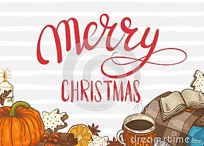 Merry Christmas. Festive illustration with lettering, cookies, blanket, etc Vector Illustration