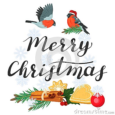Merry Christmas. Lettering with bullfinches and a spruce branch Vector Illustration