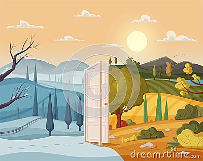 Open door. Winter and summer. Valley landscape. Cartoon vector illustration Vector Illustration
