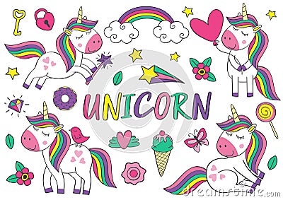 Set of isolated cute unicorn and elements part 1 Vector Illustration