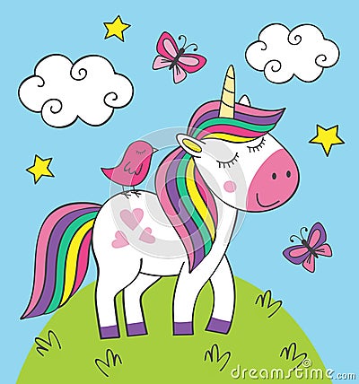 Cute little unicorn with bird on meadow Vector Illustration