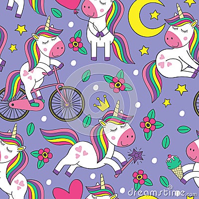 Seamless pattern with cheerful little unicorns Vector Illustration