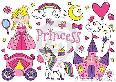 Set of isolated cute princess and design elements Vector Illustration