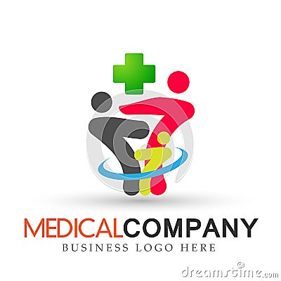 Family medical healthy cross in happy logo parent kids green love parenting care symbol icon design vector on white background Cartoon Illustration