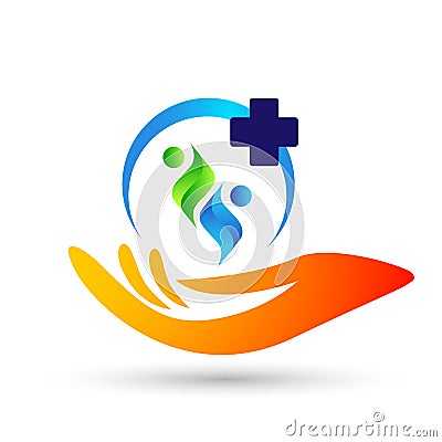 Family medical healthy life cross clinic hands care logo parent kids love, protect symbol icon design vector on white background Cartoon Illustration