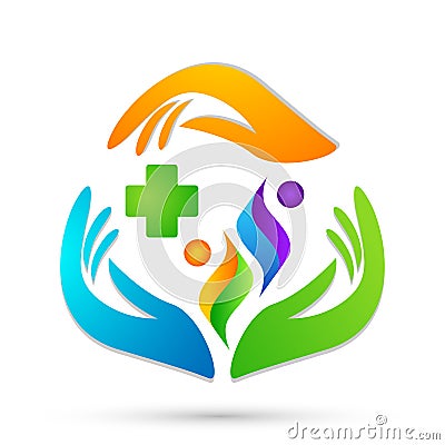 Family medical healthy life cross clinic hands care logo parent kids love, protect symbol icon design vector on white background Cartoon Illustration