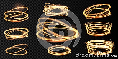 Set Golden glowing shiny spiral lines and circle light effect. Abstract Glowing light fire ring trace. Vector Illustration