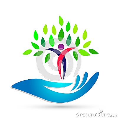 Hand holding human tree health care wellness medical logo icon on white background Cartoon Illustration