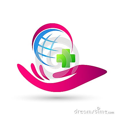 Globe world medical care hand logo icon element vector on white background Cartoon Illustration