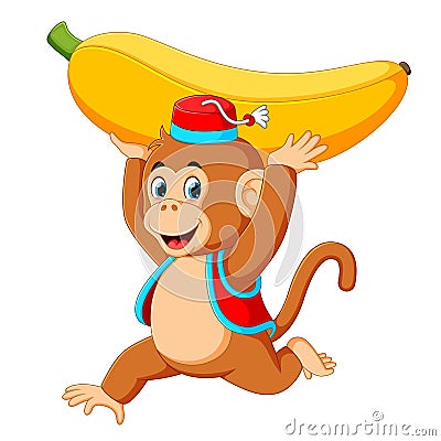 The circus monkey playing and holding up the big yellow banana Vector Illustration