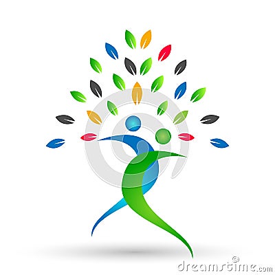 Family tree in happy union logo, family, parent, kids,green love, parenting, care, symbol icon design vector on white background Stock Photo