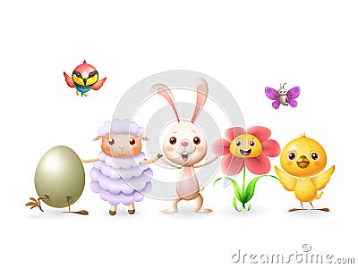 Easter bunny and friends celebrate Easter and spring - egg chicken sheep flower butterfly and bee-eater bird - isolated on white Vector Illustration