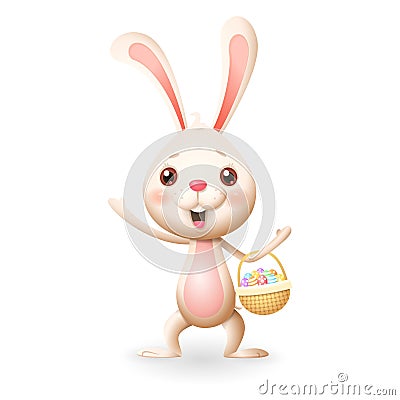 Cute little bunny with decorated eggs in knitted basket celebrate Easter - isolated on white background Vector Illustration