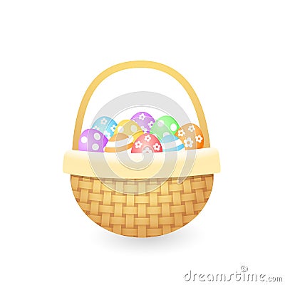 Knitted basket with colorful painted easter eggs Vector Illustration