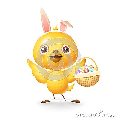 Cute little chicken with bunny ears and knitted basket with eggs celebrate Easter - isolated on white background Vector Illustration