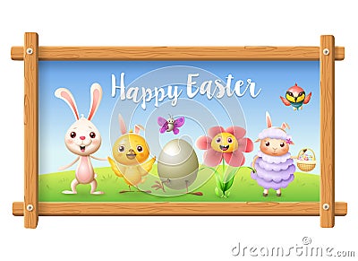 Easter portrait frame picture - bunny, chicken, flower, sheep bee-eater bird and butterfly celebrate Easter around egg - spring la Vector Illustration