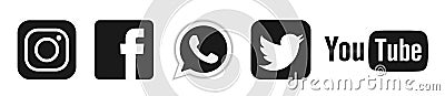 Set of popular social media logos icons Instagram Facebook Twitter Youtube WhatsApp element vector on white background Cartoon Illustration