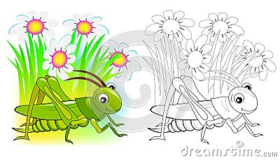 Fantasy illustration of cute cricket. Colorful and black and white page for coloring book. Printable worksheet for children and ad Vector Illustration