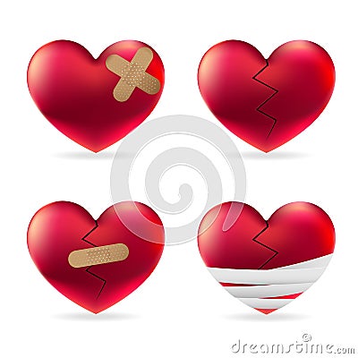Heart injury with adhesive elastic medical plasters and bandage vector set Vector Illustration