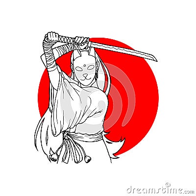 A Samurai Girl Wear Cute Bunny Mask In Defense Position Stock Photo