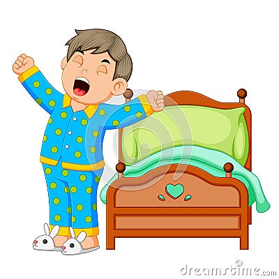 A boy wake up and stretching in morning Vector Illustration