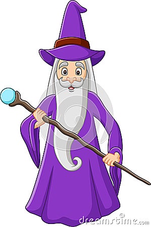 Cartoon old wizard holding magic stick Vector Illustration