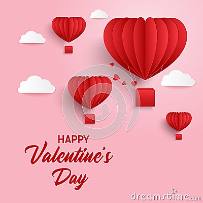 Happy valentines day greetings card design with paper cut heart shape flying balloon Vector Illustration