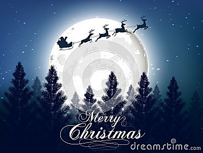 Merry christmas greeting card with big shinny moon in the night forest background Vector Illustration