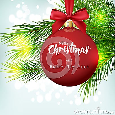 Christmas background with fir tree and red ball Vector Illustration