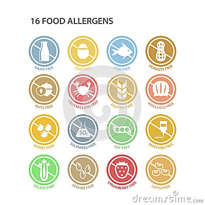 Allergens free circle colorful ingredients label set. Vector Illustration