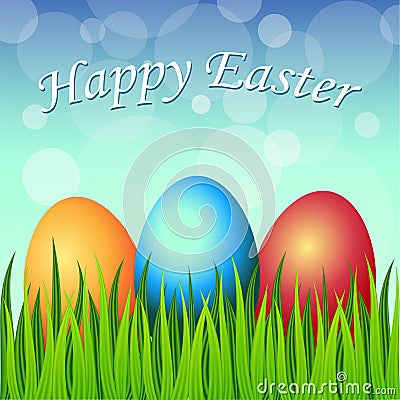 Happy Easter Card with Eggs, Grass, Flowers Vector Illustration