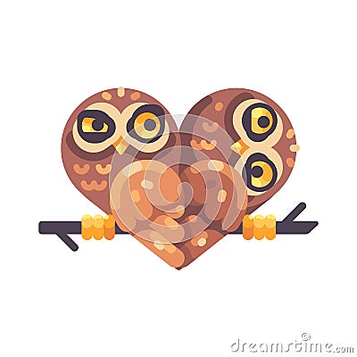 Two funny owls on a branch in the shape of a heart Vector Illustration