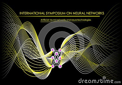 Neuron waves on black background. Stylized artificial intellect communications. Poster for International Symposium on Neural net Vector Illustration