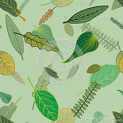 Fallen tree leaves with a touch of mint. Stock Photo