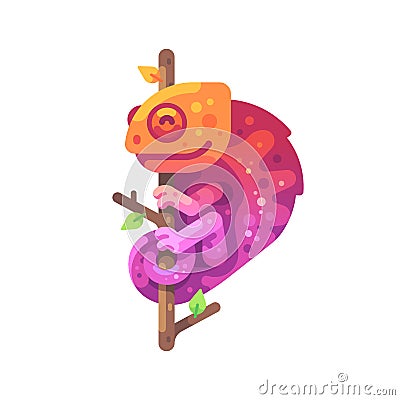 Orange and pink chameleon sitting on a tree branch Vector Illustration